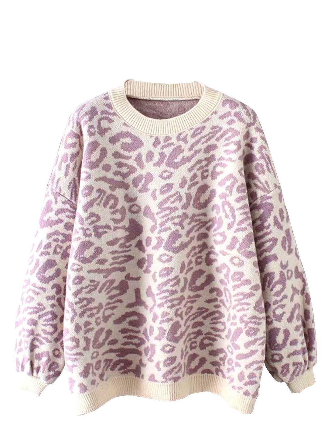 1 Pc Women Leopard Print Lantern Sleve Knitted Sweater Pullover Sweater